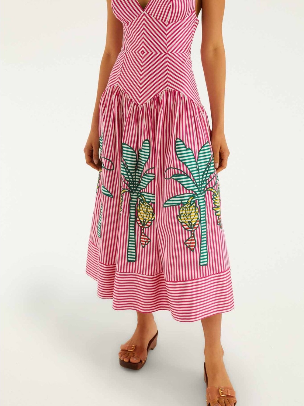 Farm Rio Pink Palm Tree Stripes Cutwork Midi Dress Medium - Picture 3 of 9